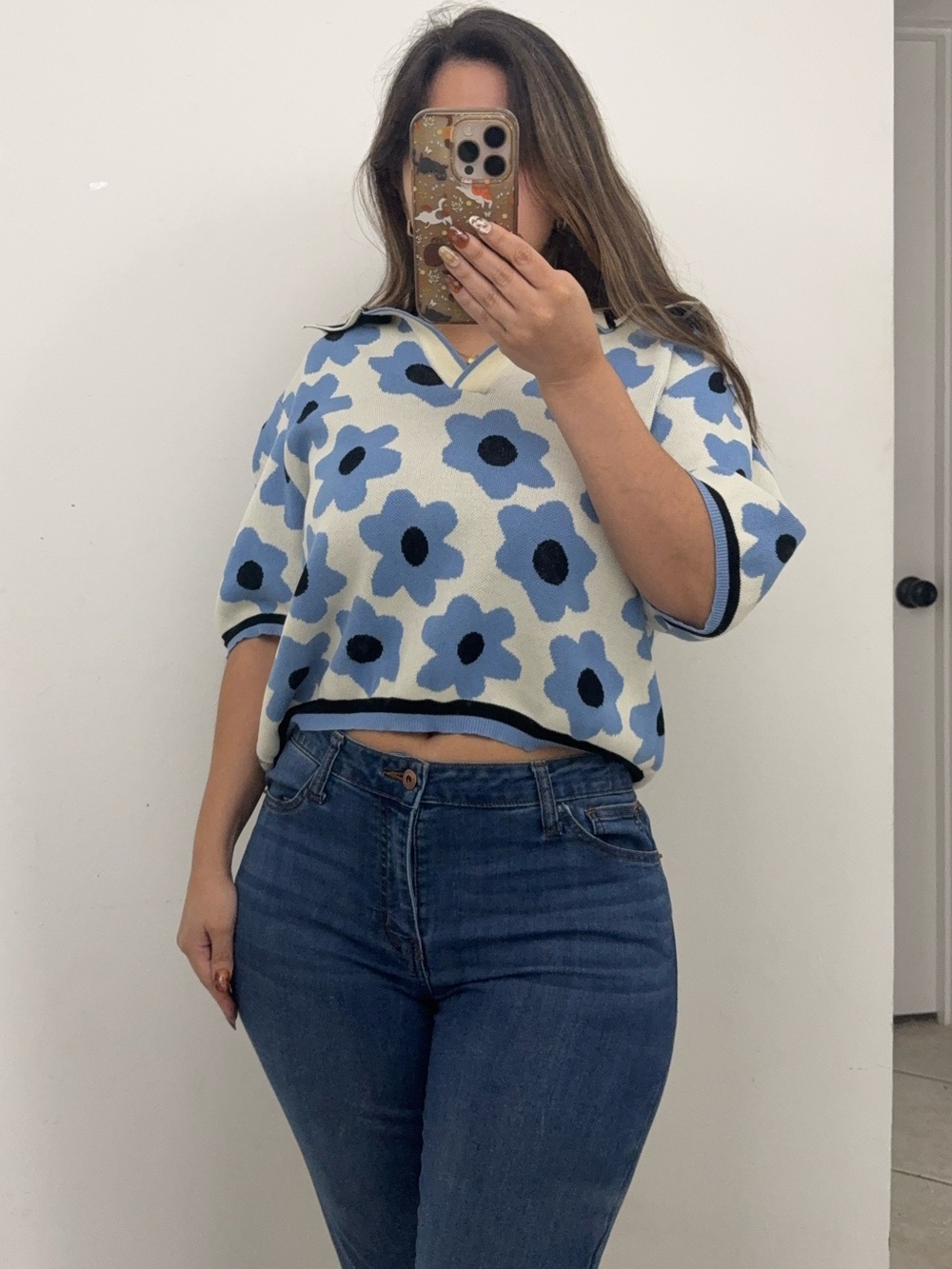 Preppy retro Nanette Lepore blue floral knit short sleeve sweater for fall sz XL